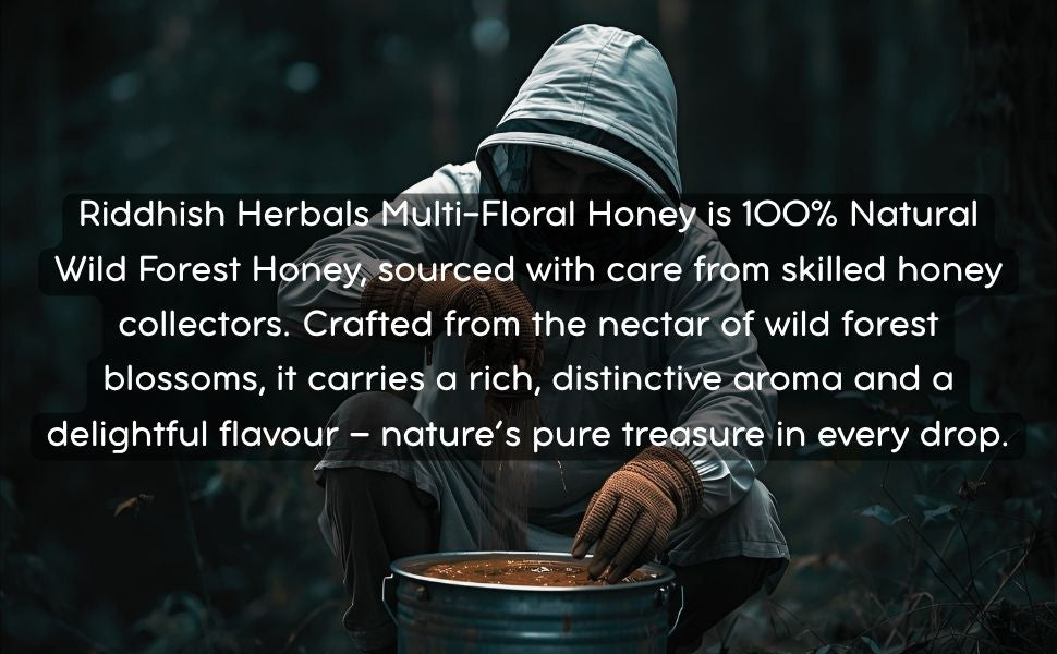 Riddhish Herbals Multi Floral Honey jar in forest setting | Pure natural wild forest honey 500g