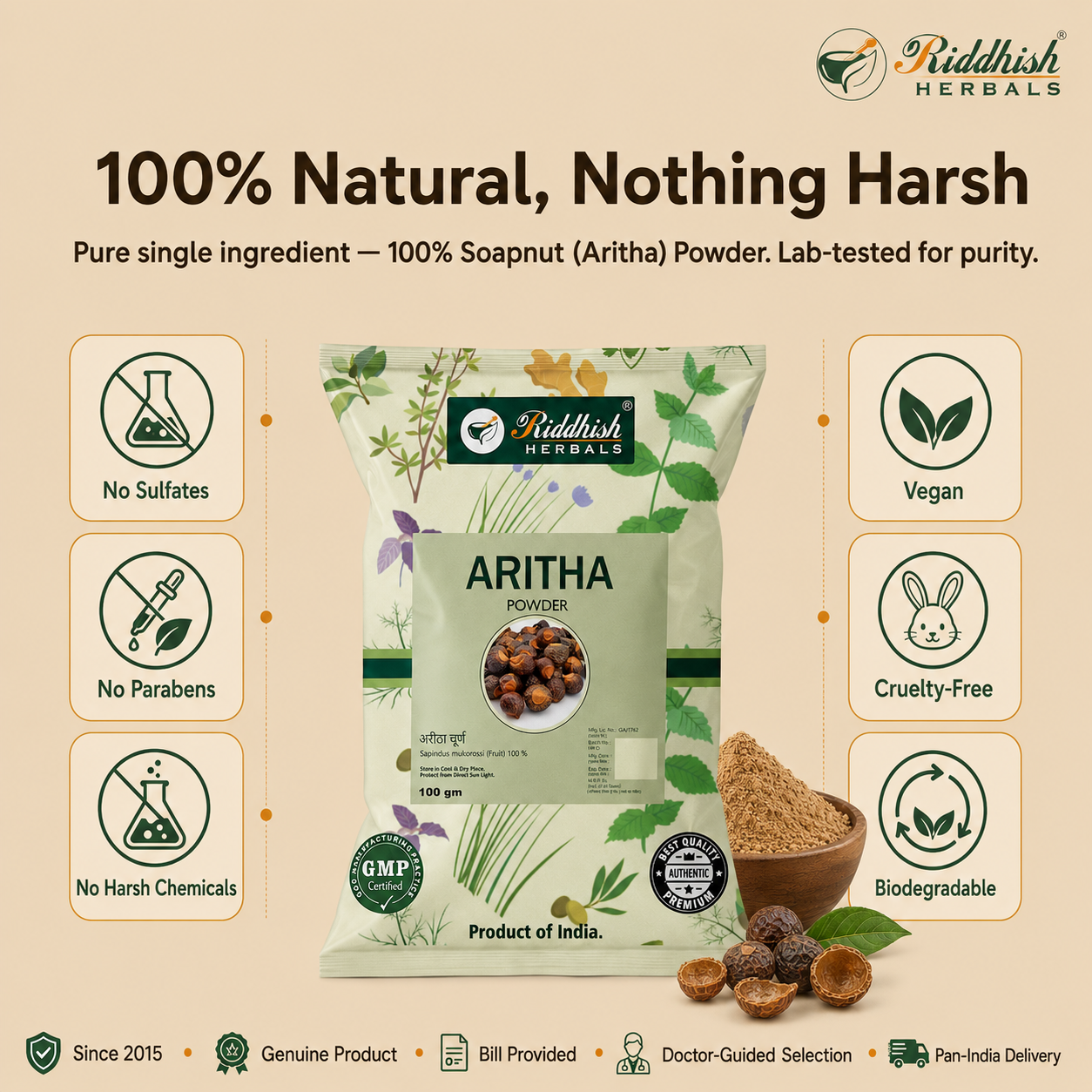 Aritha (Reetha) Powder 100g | Sapindus mukorossi Soapnut Hair Cleanser | Riddhish Herbals