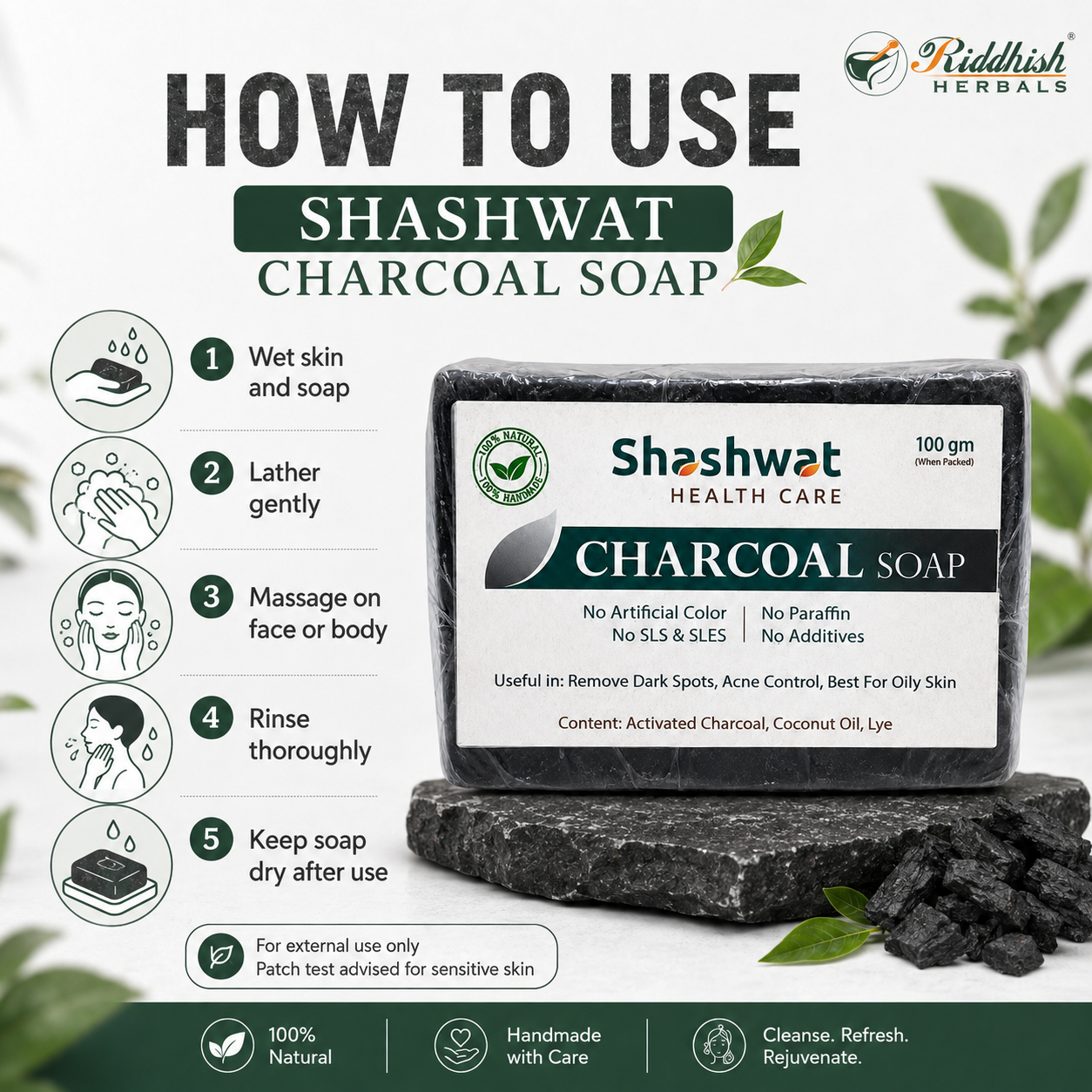 Activated Charcoal Handmade Soap 100gm | Riddhish Herbals | Natural Deep Cleansing Soap