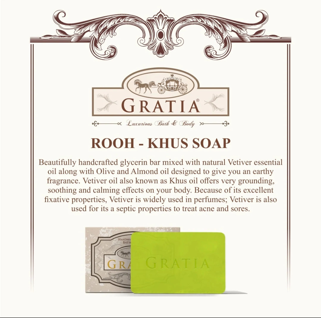 Gratia Handmade Glycerin Soap – Rooh Khus (Vetiver) | Luxury Earthy Fragrance Bathing Bar (125g)