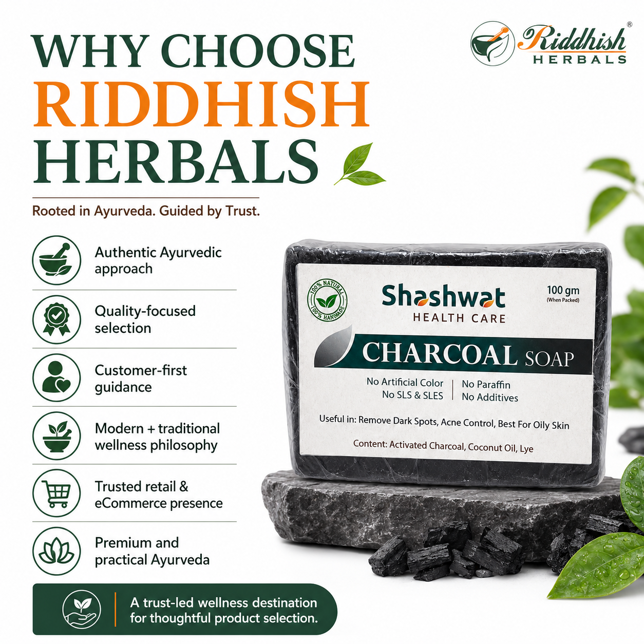 Activated Charcoal Handmade Soap 100gm | Riddhish Herbals | Natural Deep Cleansing Soap