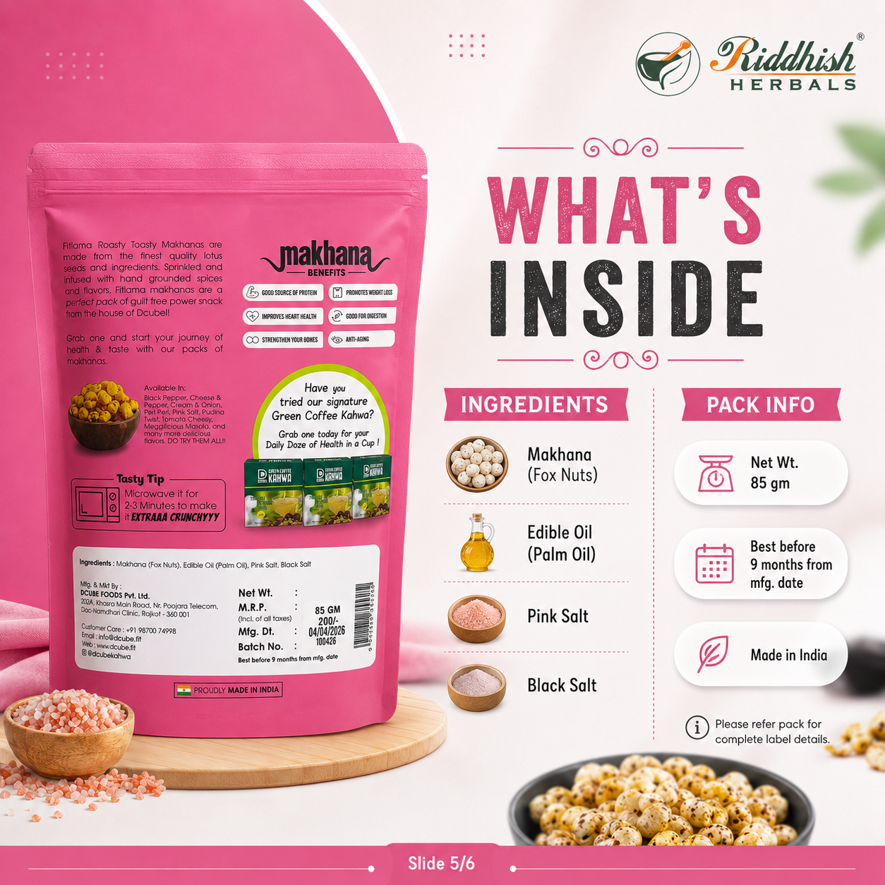 Pink Salt Makhana 95gm | Fox Nuts with Himalayan Pink Salt | Healthy Flavoured Snack | Riddhish Herbals