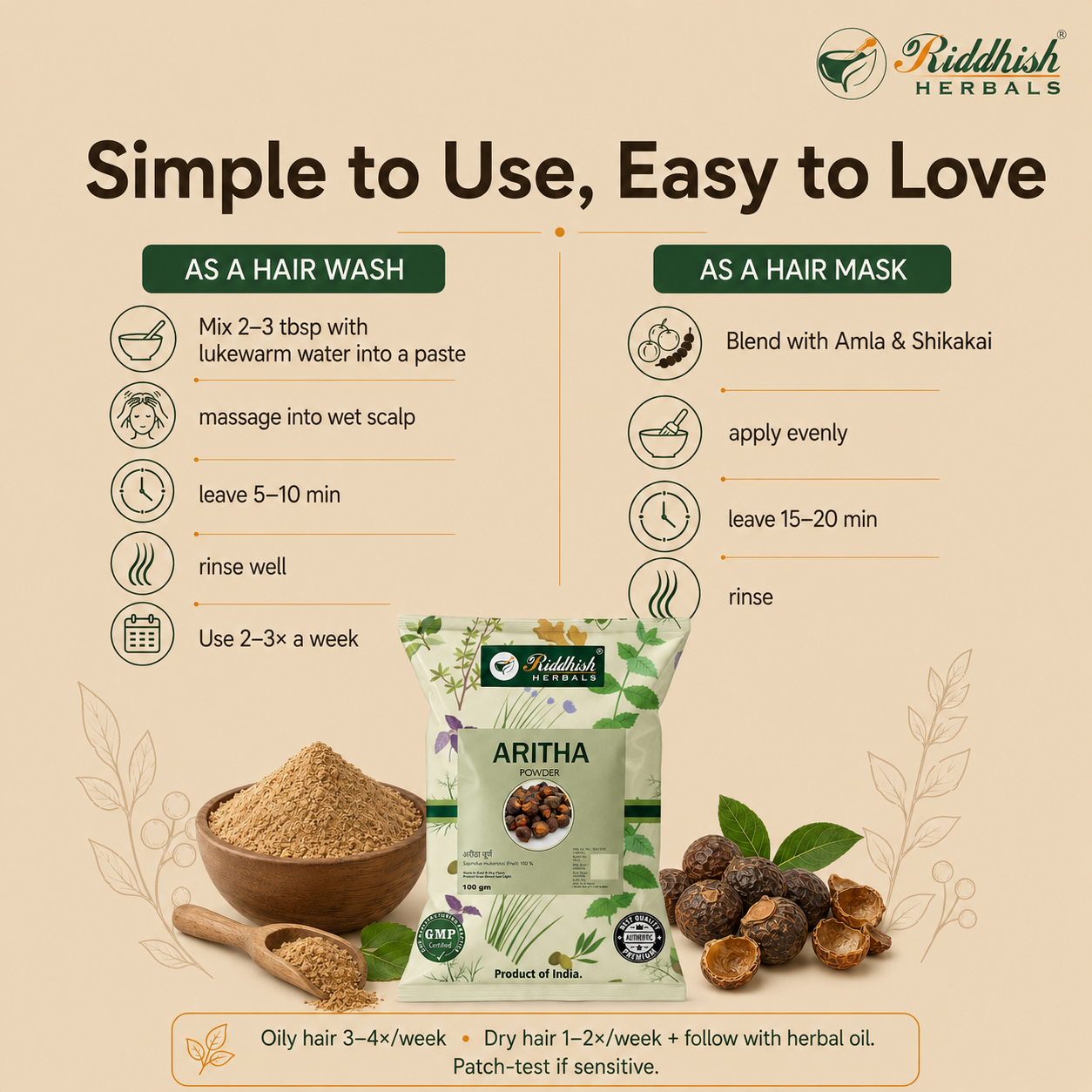 Aritha (Reetha) Powder 100g | Sapindus mukorossi Soapnut Hair Cleanser | Riddhish Herbals