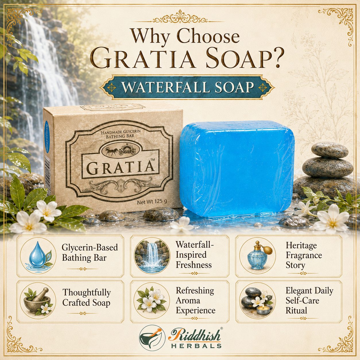 Gratia Handmade Glycerin Soap – Waterfall | Luxury Fresh Aqua Fragrance Bathing Bar (125g)