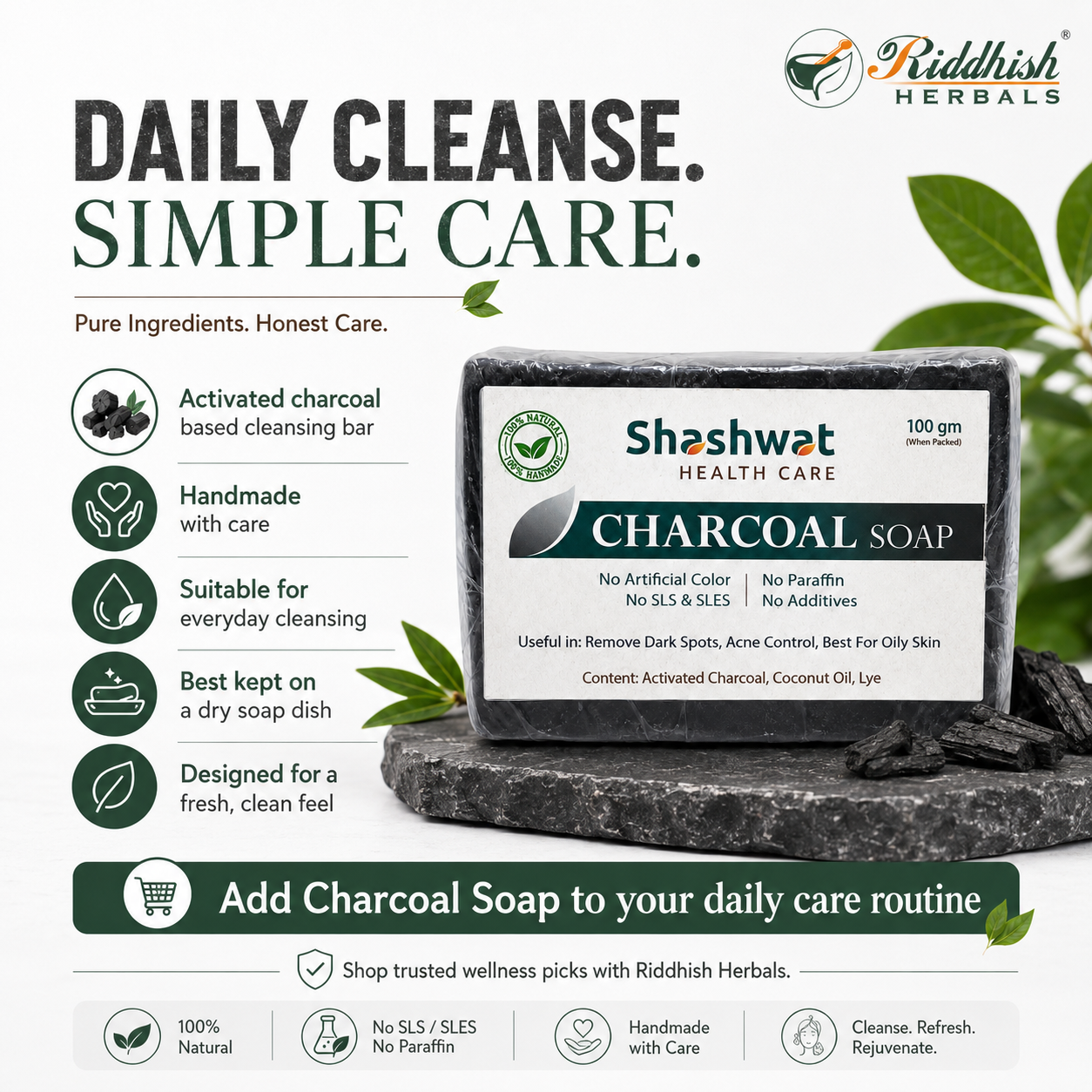 Activated Charcoal Handmade Soap 100gm | Riddhish Herbals | Natural Deep Cleansing Soap