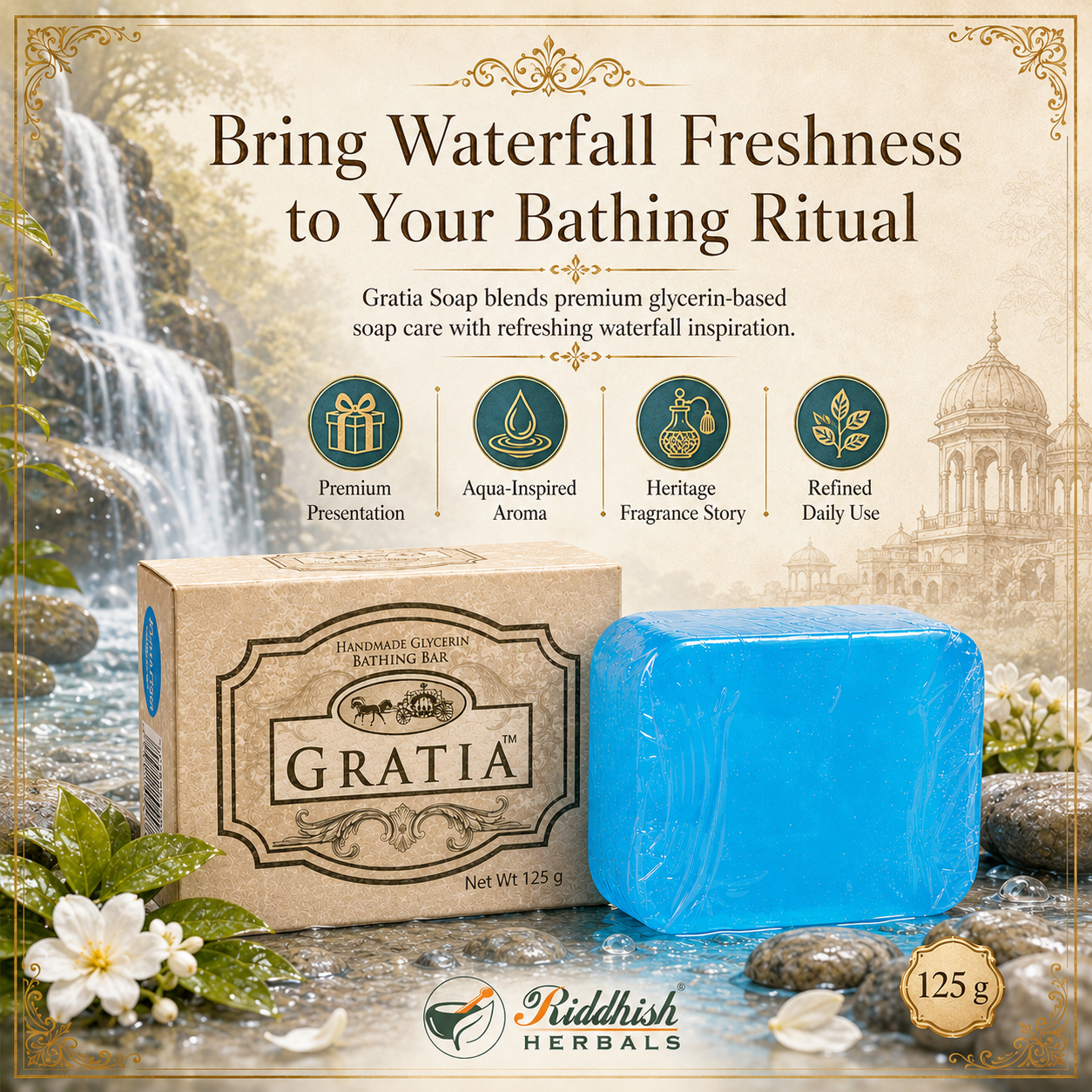 Gratia Handmade Glycerin Soap – Waterfall | Luxury Fresh Aqua Fragrance Bathing Bar (125g)