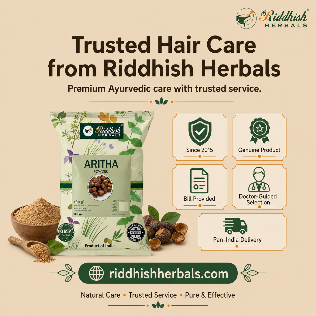 Aritha (Reetha) Powder 100g | Sapindus mukorossi Soapnut Hair Cleanser | Riddhish Herbals