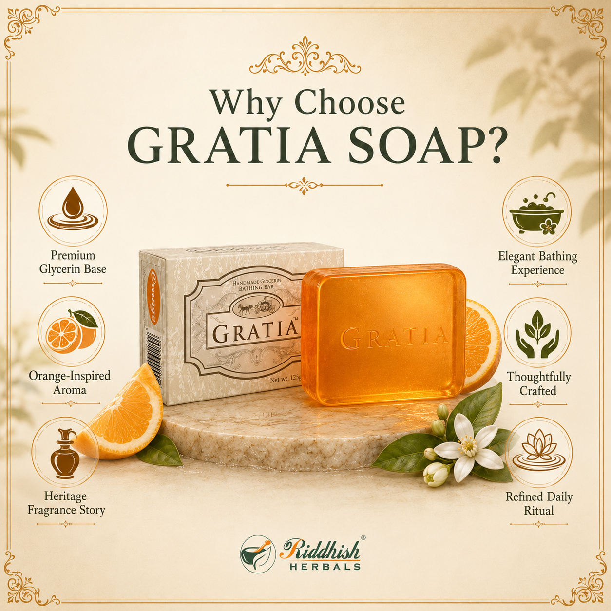 Gratia Handmade Glycerin Soap – Orange Extract | Luxury Fragrance Bathing Bar (125g)