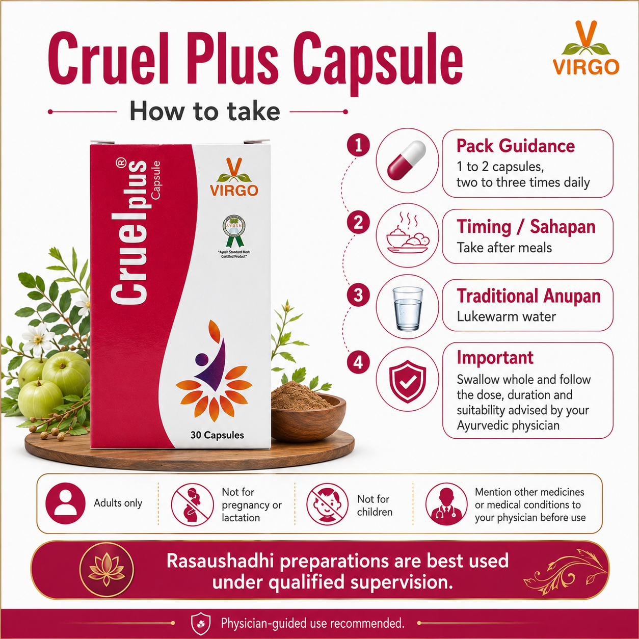 Cruel Plus Capsule (Rasayana) – AYUSH Mark Rasaushadhi – Virgo UAP Pharma – 30 & 100 Cap