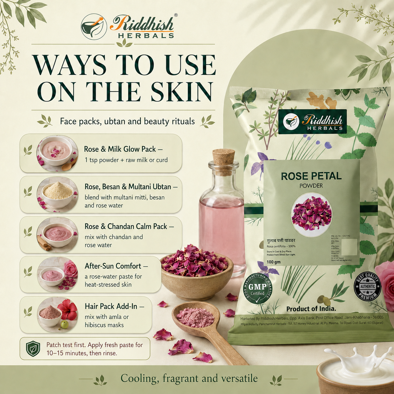 Rose Petal Powder (Gulab Phool Churna) | Rosa centifolia 100% | Skin & Gulkand | Riddhish Herbals 100g