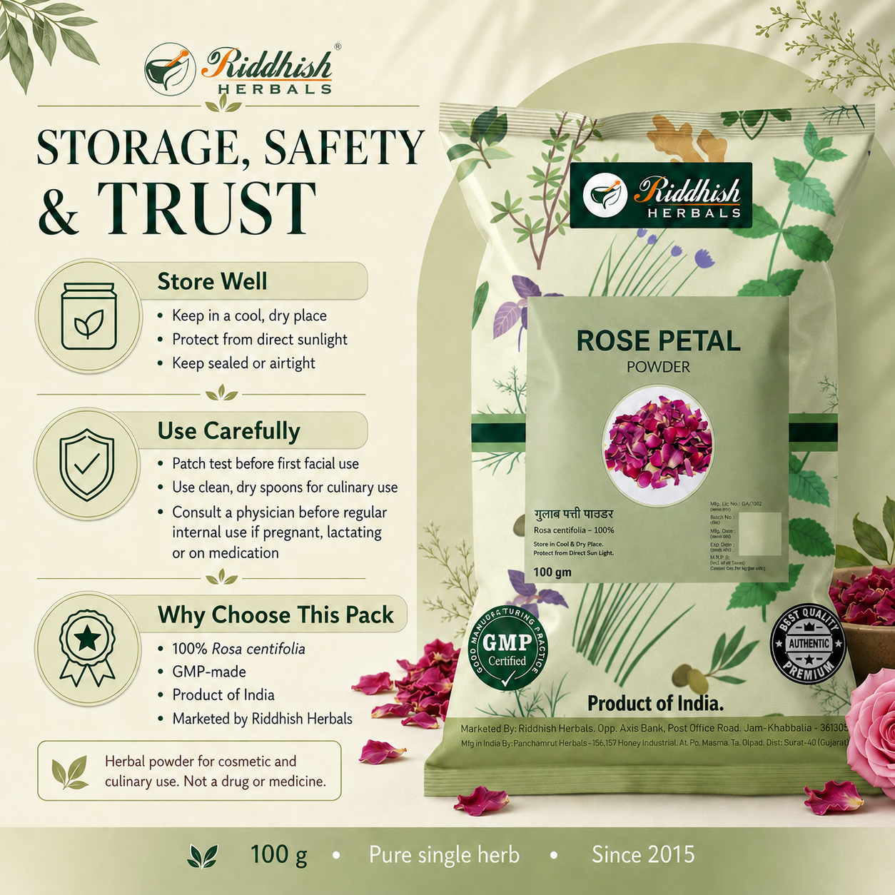 Rose Petal Powder (Gulab Phool Churna) | Rosa centifolia 100% | Skin & Gulkand | Riddhish Herbals 100g