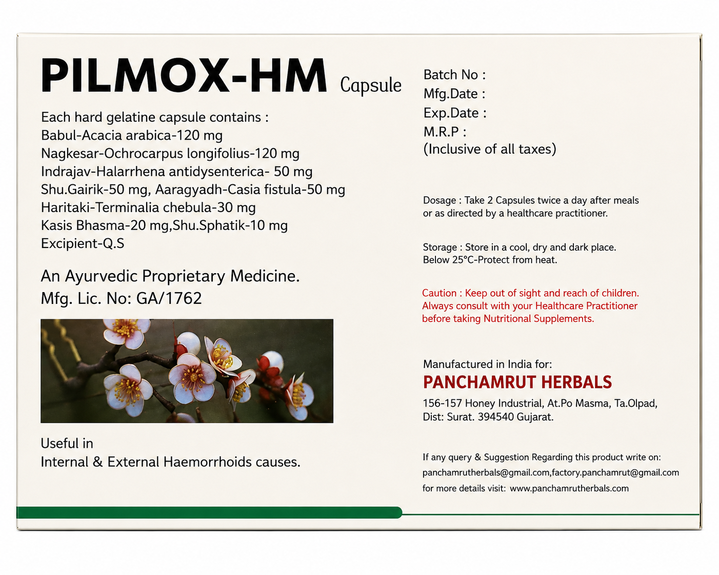 Pilmox-HM Capsule herbo-mineral formula with Nagkesar, Babul & Haritaki — Panchamrut Herbals | Riddhish Herbals