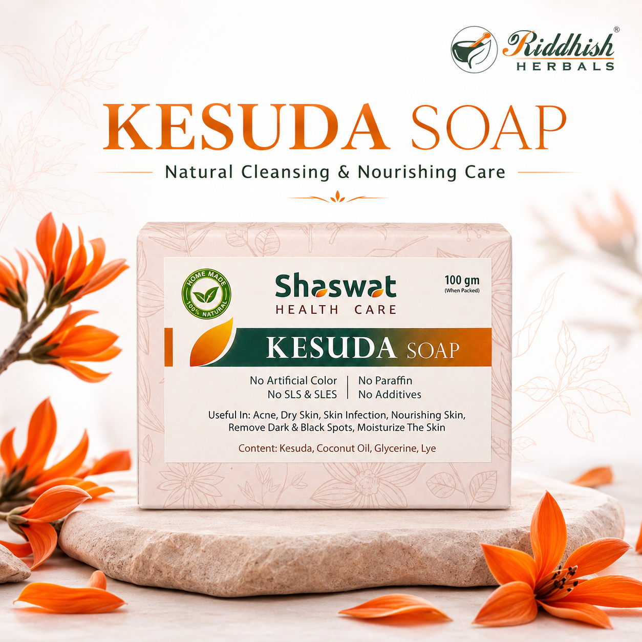 Kesuda Handmade Soap 100gm | Butea monosperma | Natural Palash Flower Soap for Gentle Skin Cleansing & Nourishment