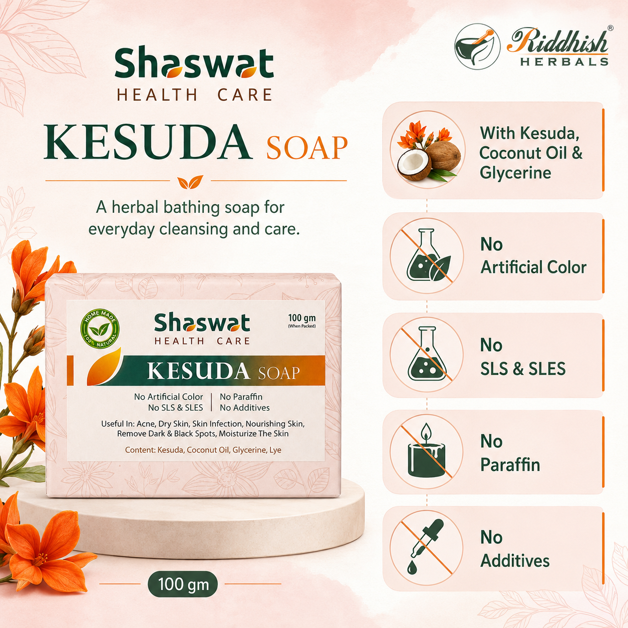 Kesuda Handmade Soap 100gm | Butea monosperma | Natural Palash Flower Soap for Gentle Skin Cleansing & Nourishment