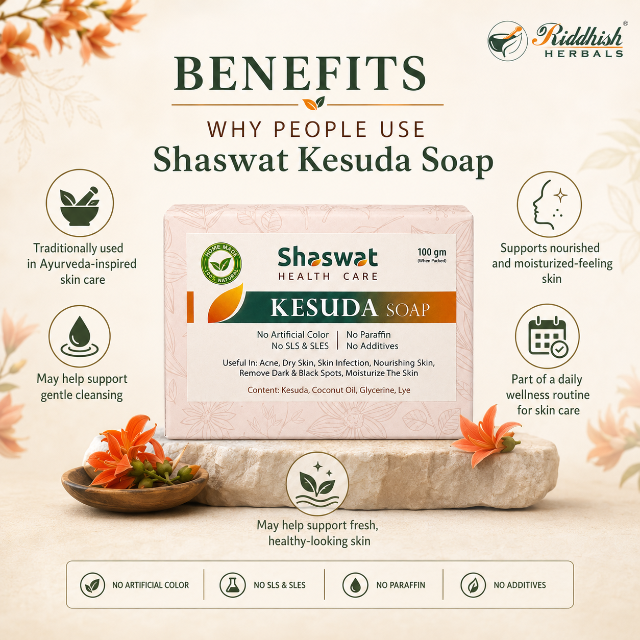 Kesuda Handmade Soap 100gm | Butea monosperma | Natural Palash Flower Soap for Gentle Skin Cleansing & Nourishment