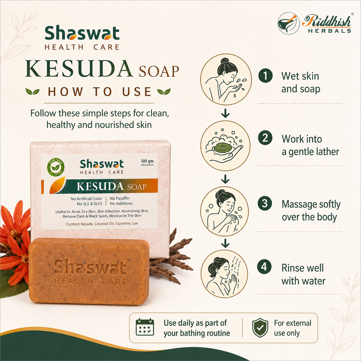 Kesuda Handmade Soap 100gm | Butea monosperma | Natural Palash Flower Soap for Gentle Skin Cleansing & Nourishment