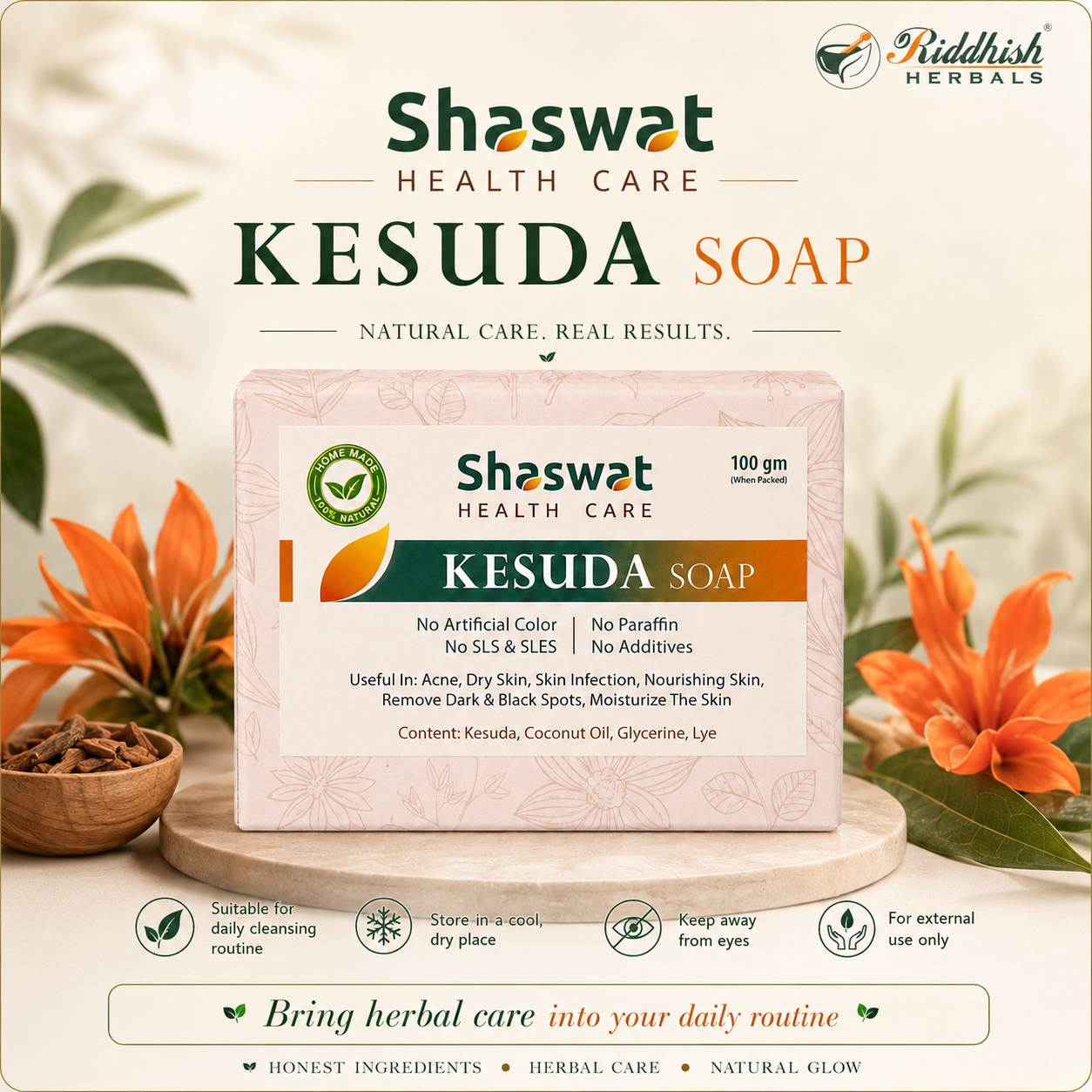 Kesuda Handmade Soap 100gm | Butea monosperma | Natural Palash Flower Soap for Gentle Skin Cleansing & Nourishment