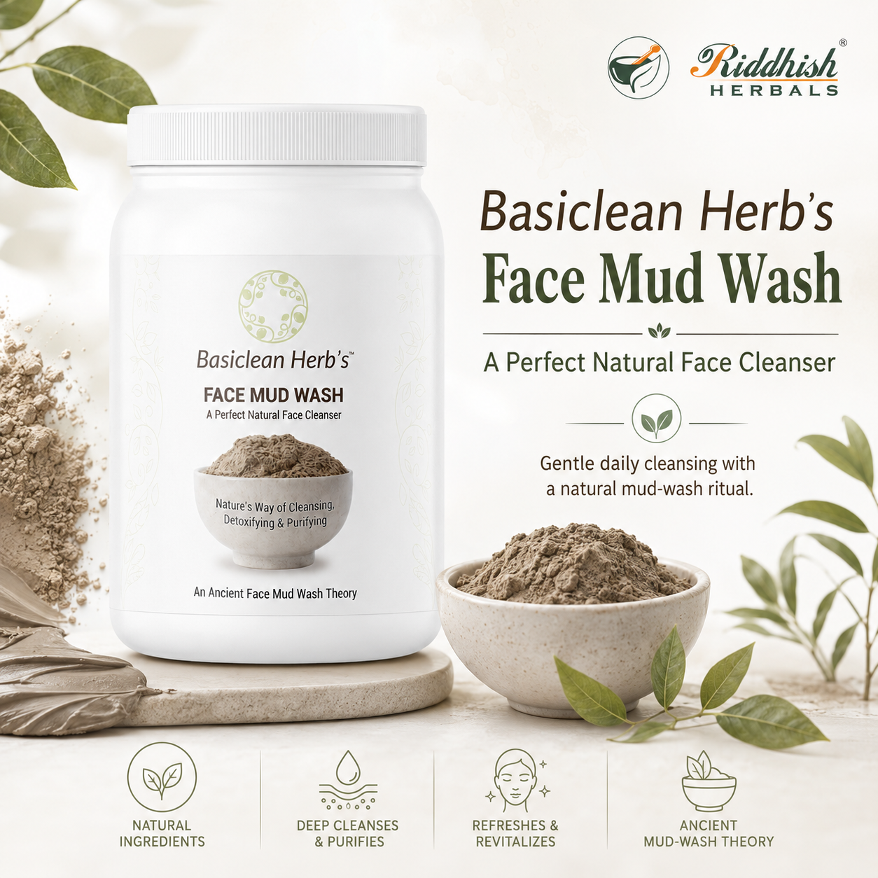 Basiclean Herb's Mud Face Wash Powder | Herbal Clay Cleanser | 150gm | Riddhish Herbals