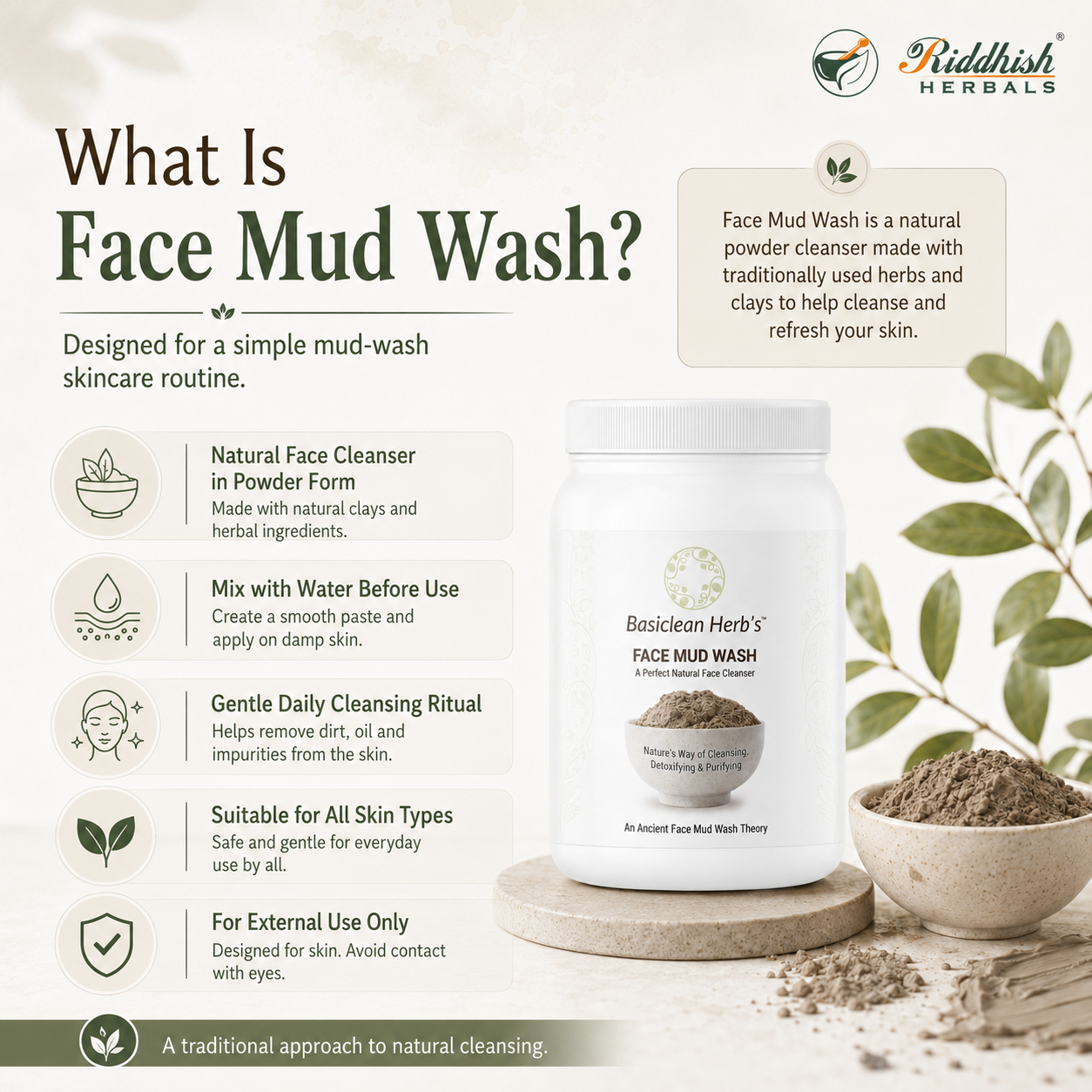 Basiclean Herb's Mud Face Wash Powder | Herbal Clay Cleanser | 150gm | Riddhish Herbals