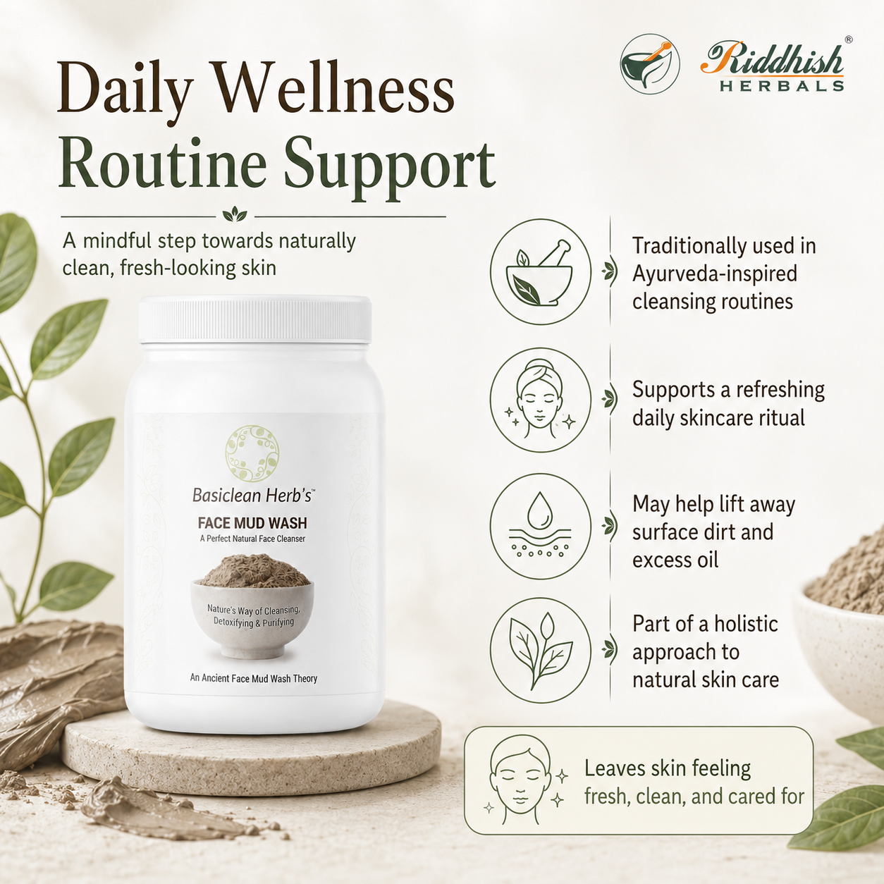 Basiclean Herb's Mud Face Wash Powder | Herbal Clay Cleanser | 150gm | Riddhish Herbals