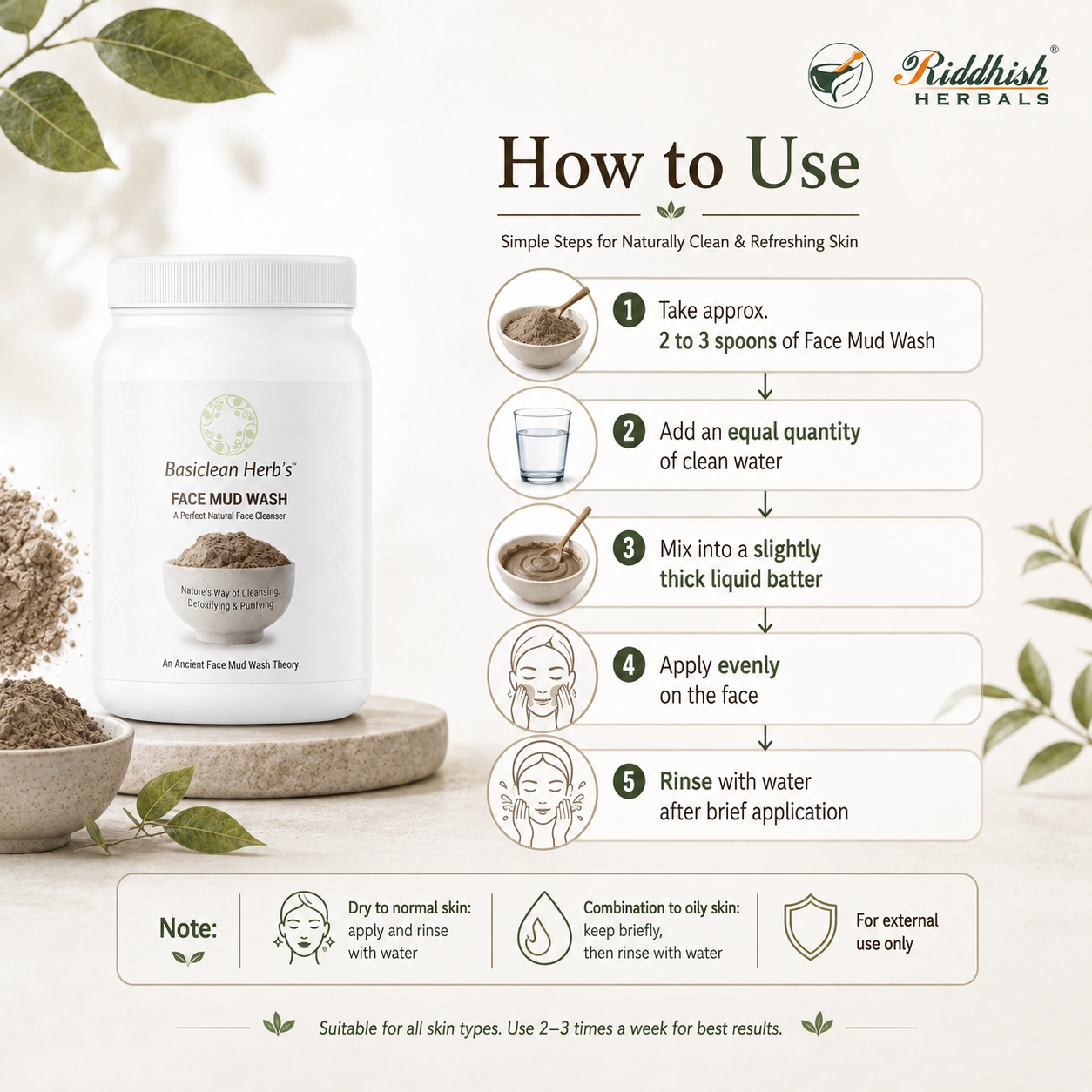 Basiclean Herb's Mud Face Wash Powder | Herbal Clay Cleanser | 150gm | Riddhish Herbals