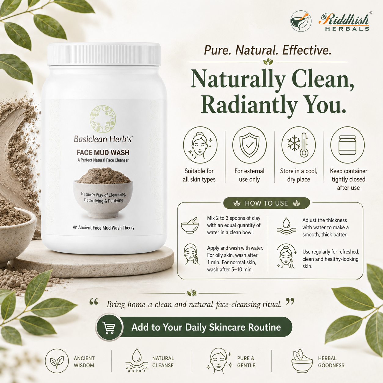 Basiclean Herb's Mud Face Wash Powder | Herbal Clay Cleanser | 150gm | Riddhish Herbals