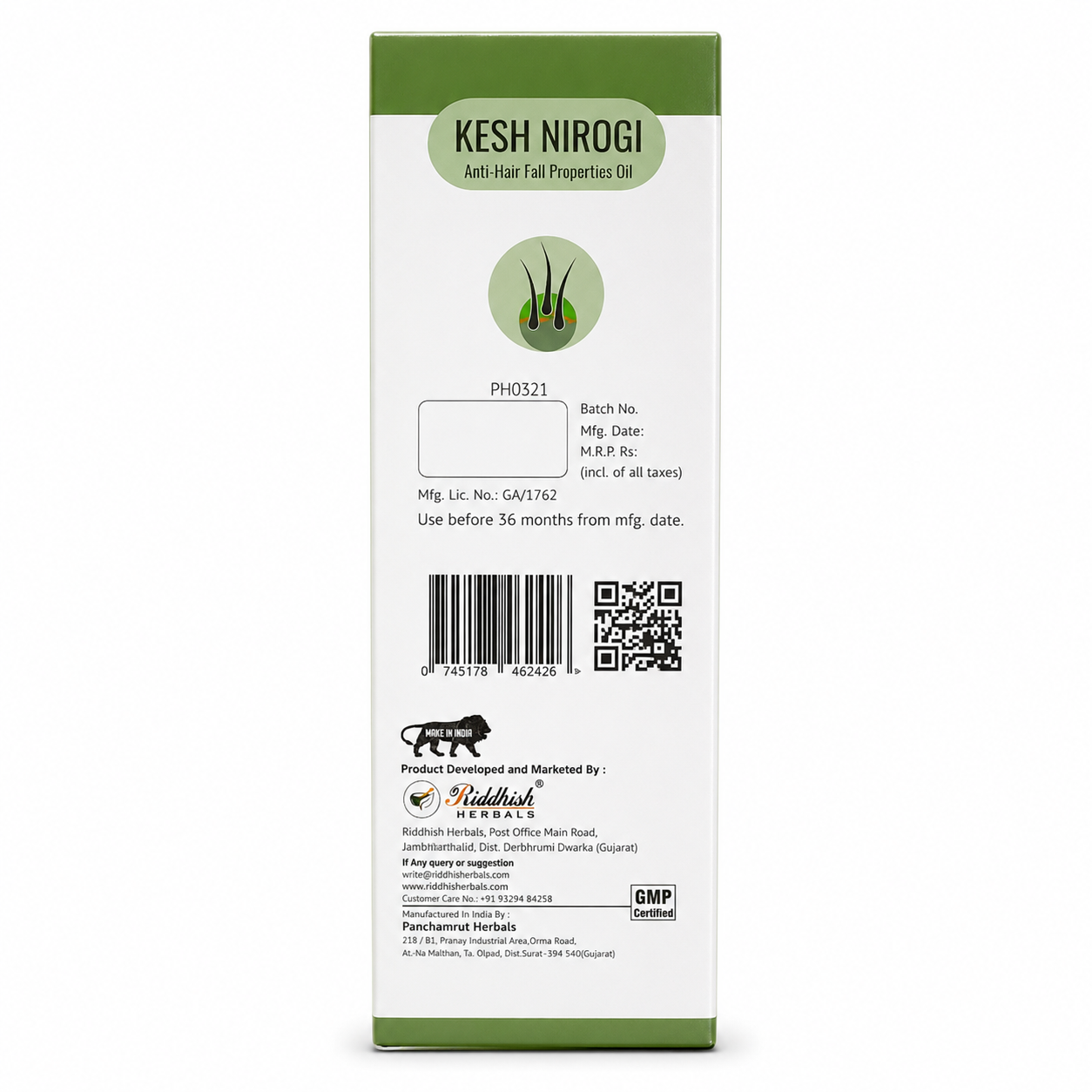 Kesh Nirogi Anti-Hair Fall Oil ingredients — Bhringraj Gunja sesame black seed | Riddhish Herbals