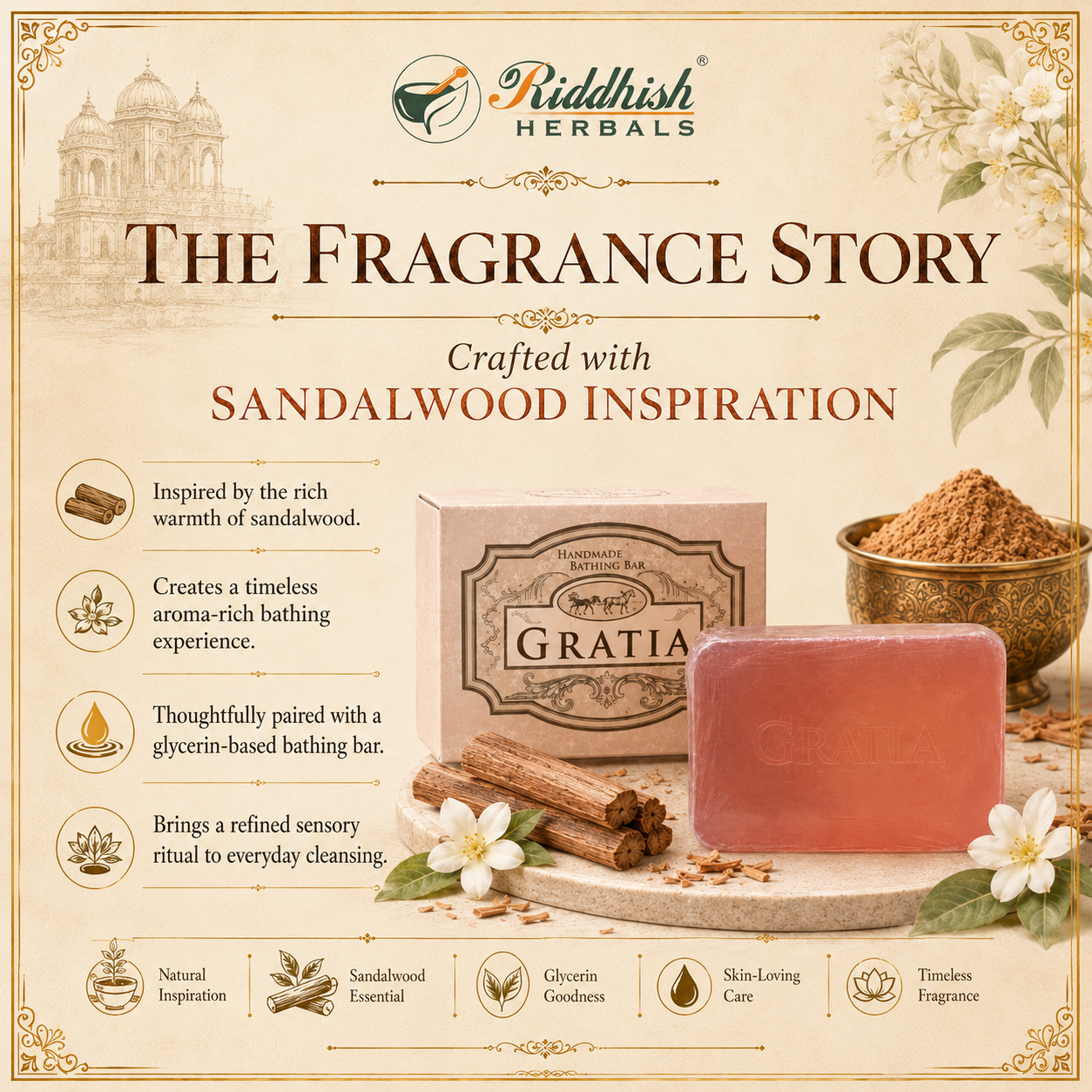 Gratia Handmade Glycerin Soap – Sandalwood (Chandan) | Luxury Classic Fragrance Bathing Bar (125g)