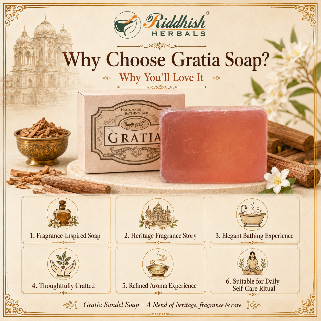 Gratia Handmade Glycerin Soap – Sandalwood (Chandan) | Luxury Classic Fragrance Bathing Bar (125g)