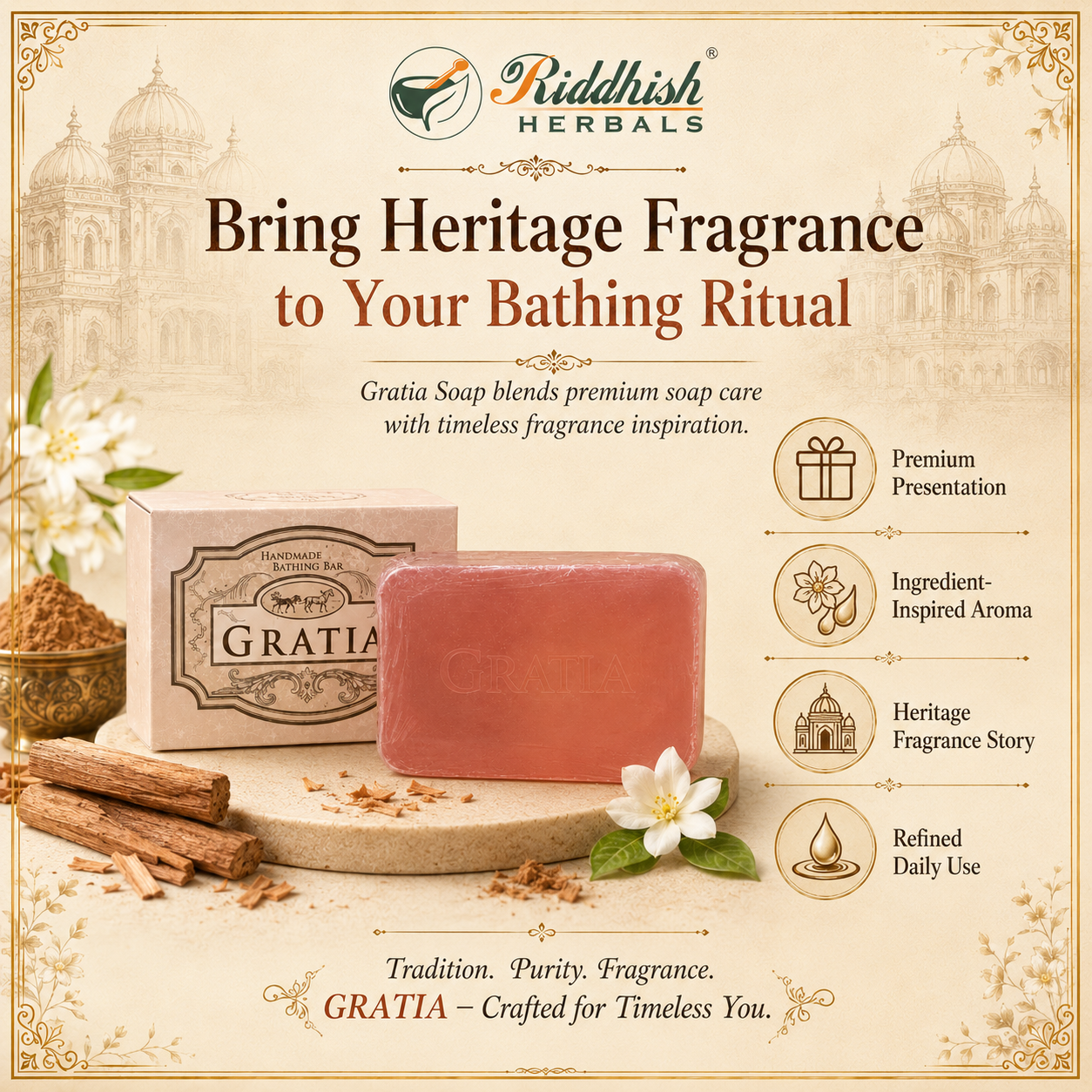 Gratia Handmade Glycerin Soap – Sandalwood (Chandan) | Luxury Classic Fragrance Bathing Bar (125g)