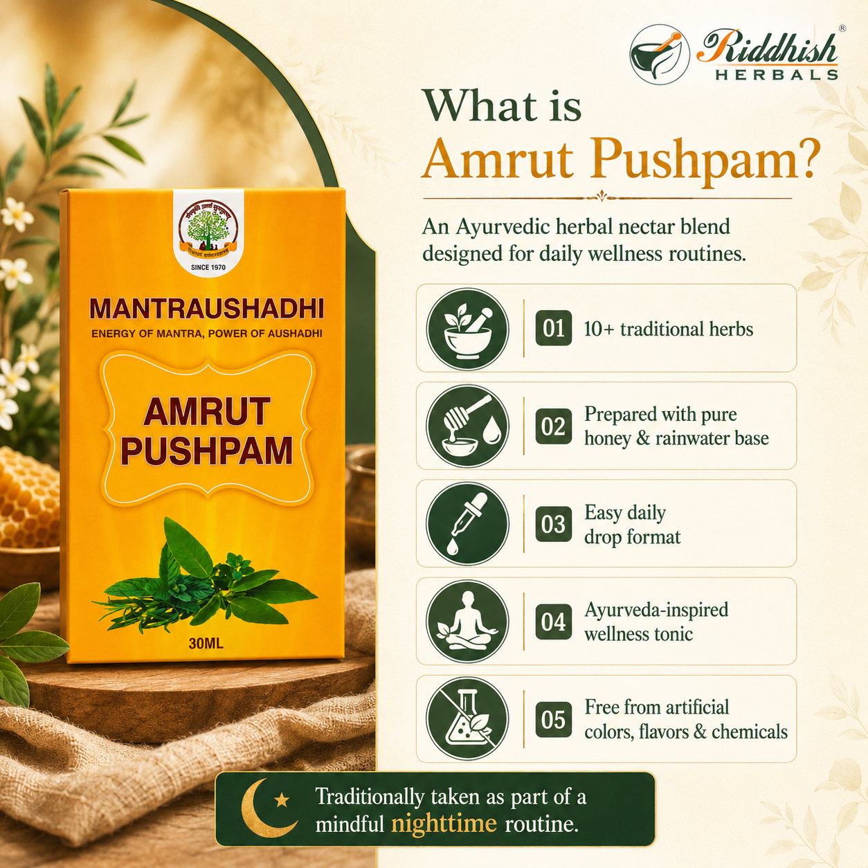 MANTRAUSHADHI AMRUT PUSHPAM 30ML - ENERGY OF MANTRA, POWER OF AUSHADHI