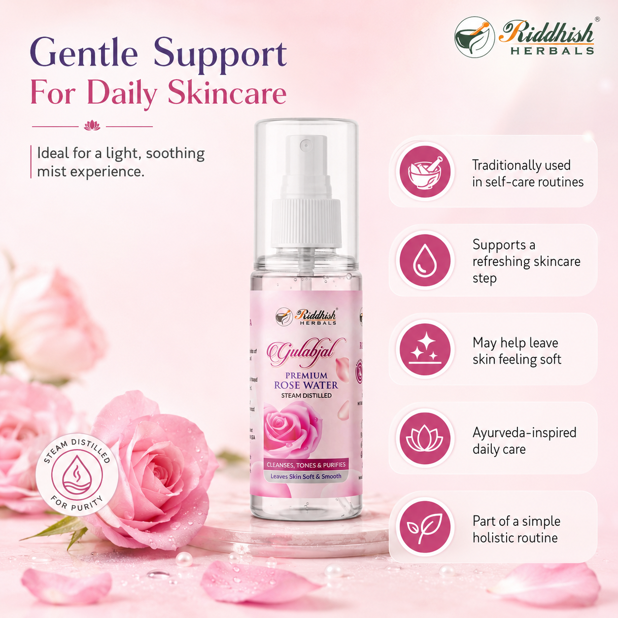 Riddhish Herbals Premium Rose Water (Steam Distilled) | Rosa centifolia | Cleanses, Tones & Purifies | 100ml