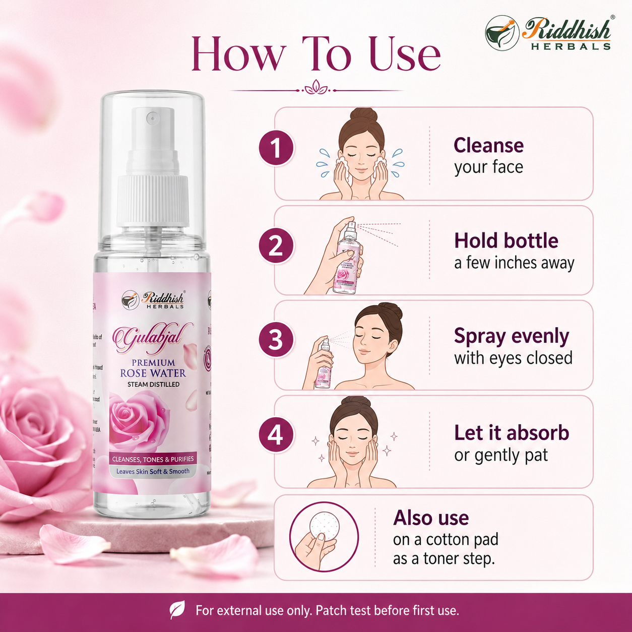Riddhish Herbals Premium Rose Water (Steam Distilled) | Rosa centifolia | Cleanses, Tones & Purifies | 100ml