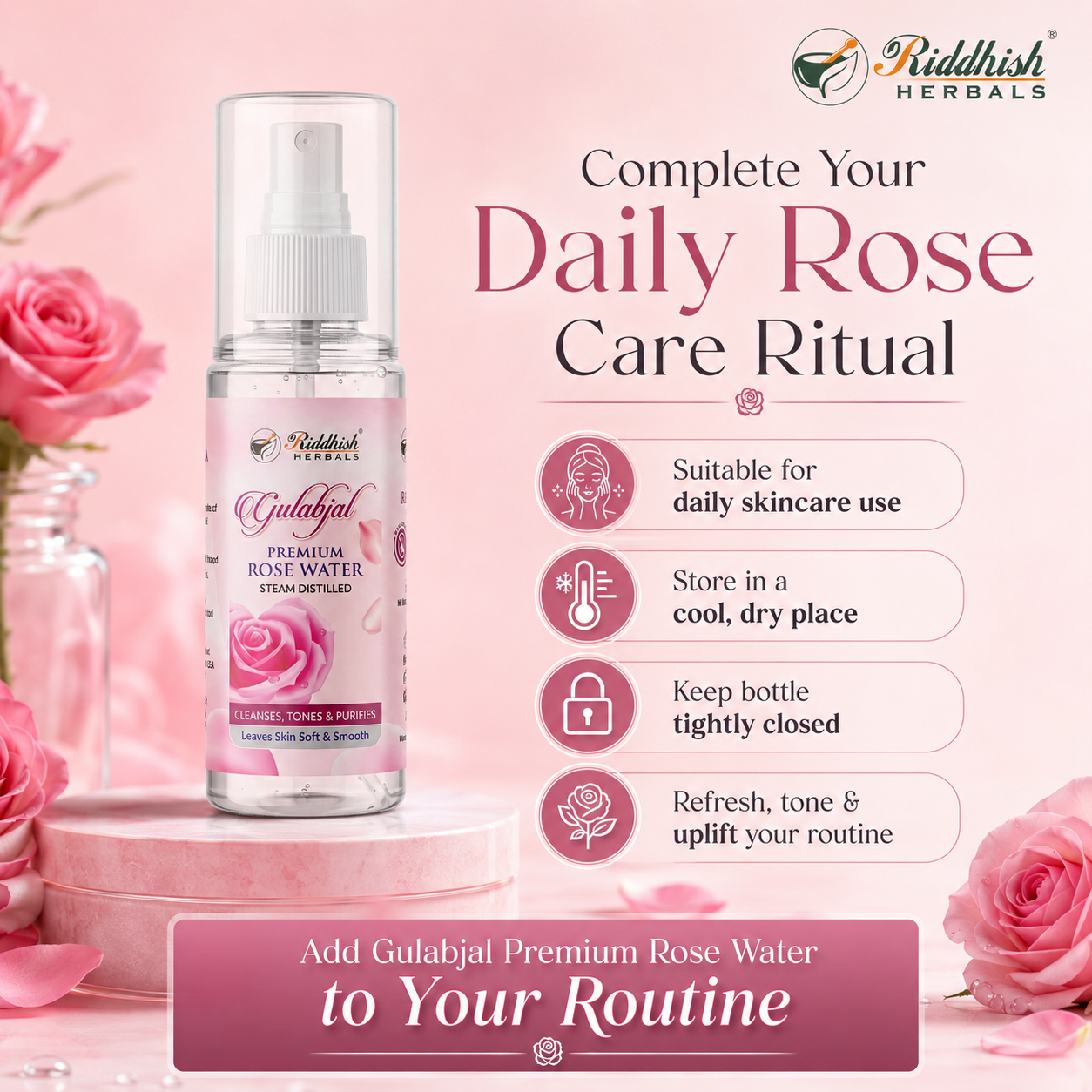 Riddhish Herbals Premium Rose Water (Steam Distilled) | Rosa centifolia | Cleanses, Tones & Purifies | 100ml