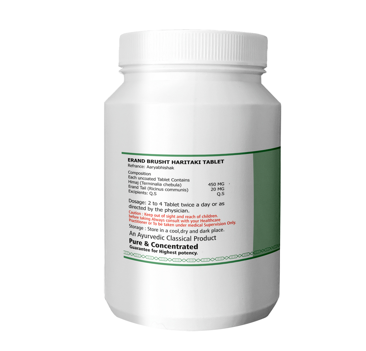 Erand Bhrasht Haritaki composition panel — Himaj 450 mg with Erand Tail 20 mg per tablet | Riddhish Herbals