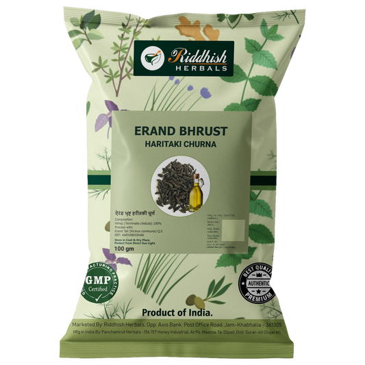 Erand Bhrust Haritaki Churna 100g pack — Castor-Roasted Harde (Gandharva Haritaki) | Riddhish Herbals