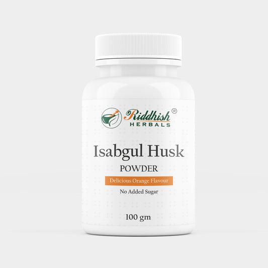 Isabgul Husk Powder orange flavour, psyllium (Plantago ovata) dietary fibre — Riddhish Herbals 100g