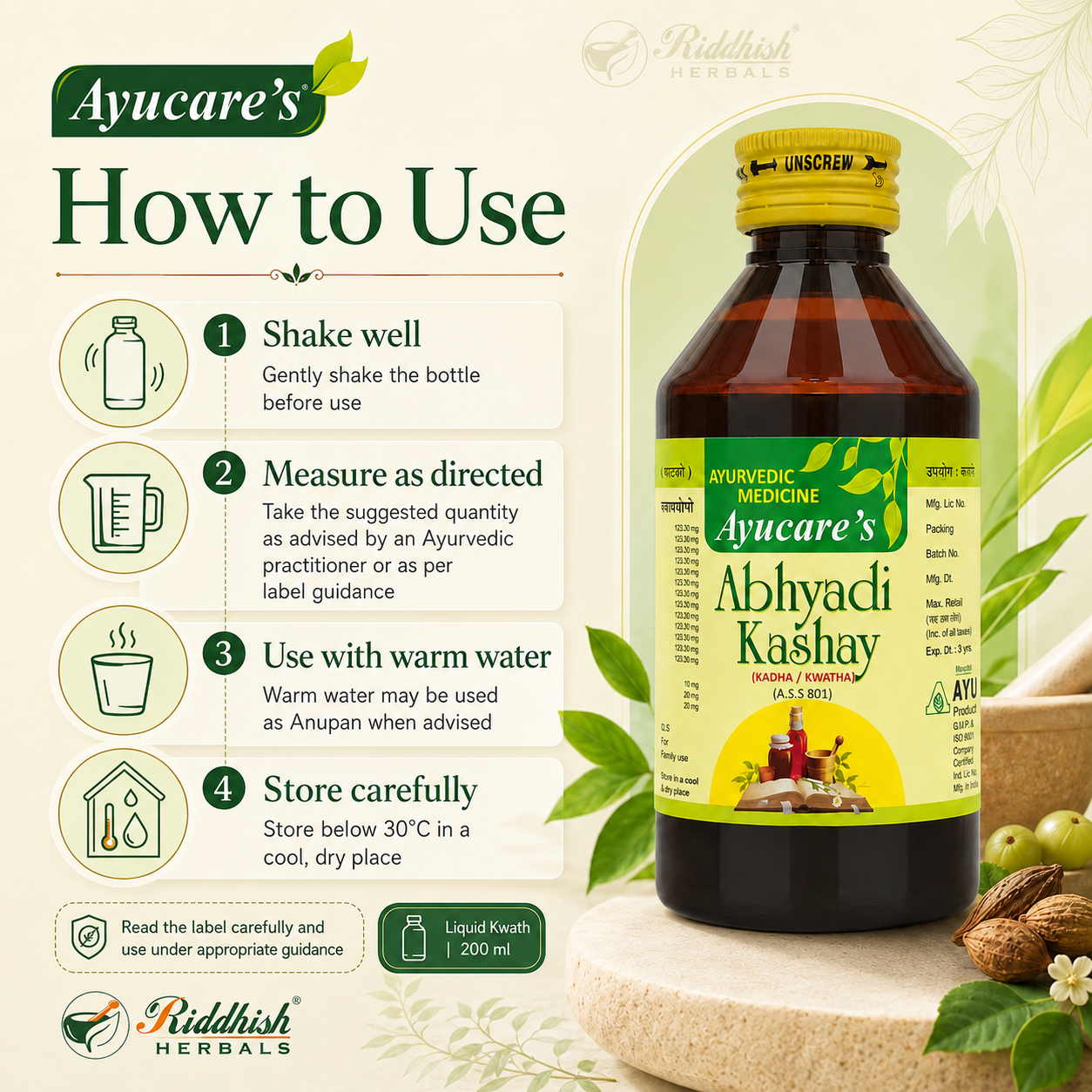 Abhayadi Kashay how to use — Ayucare 200ml | Riddhish Herbals