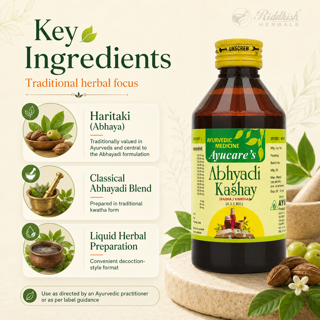 Abhayadi Kashay key ingredients — Ayucare 200ml | Riddhish Herbals