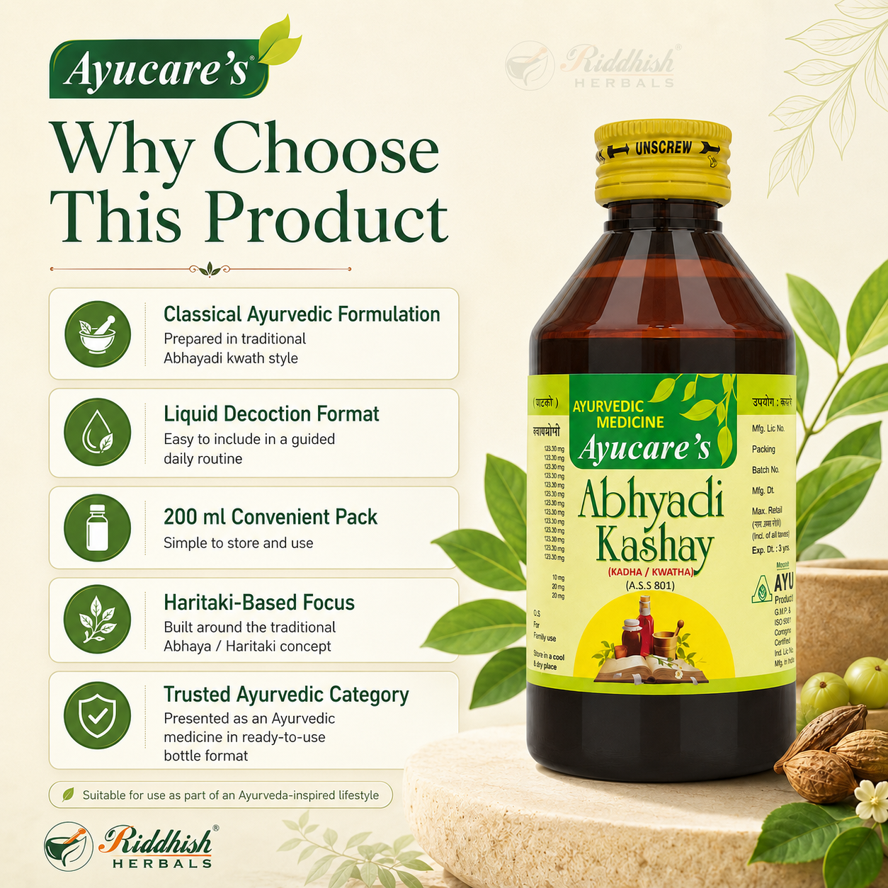 Abhayadi Kashay why choose — Ayucare 200ml | Riddhish Herbals