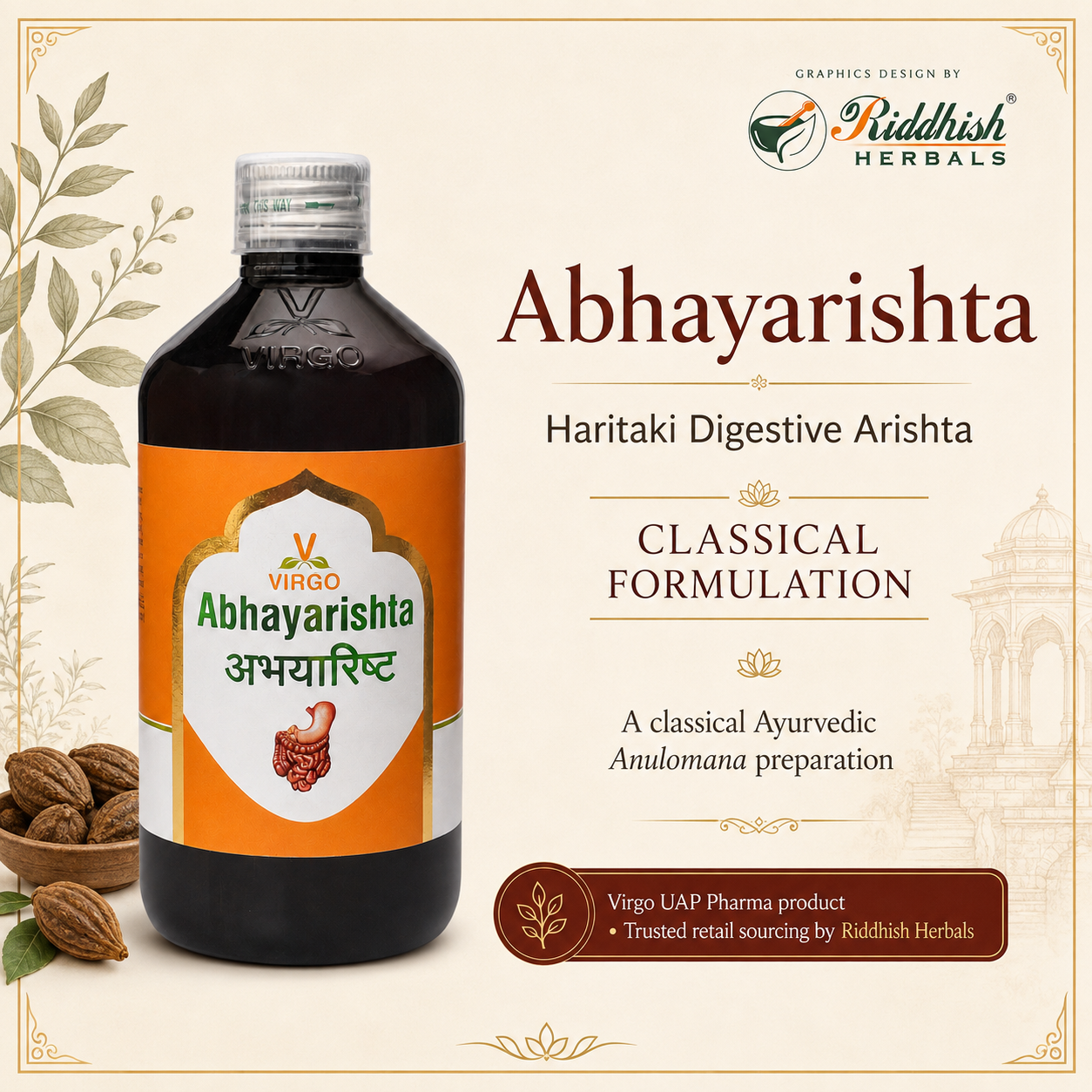 Abhayarishta Haritaki Digestive Arishta classical formulation infographic