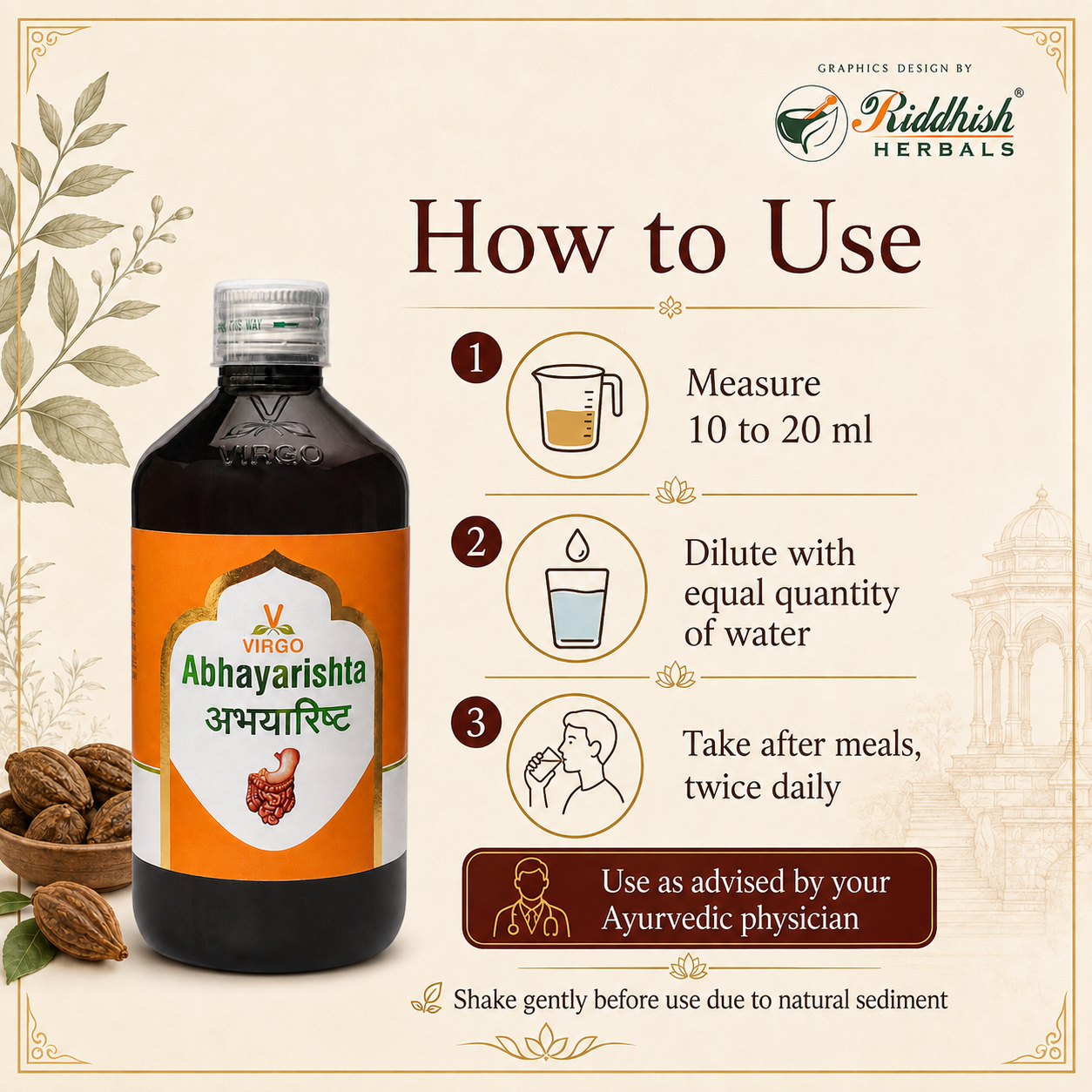 Abhayarishta how to use dosage guidance infographic