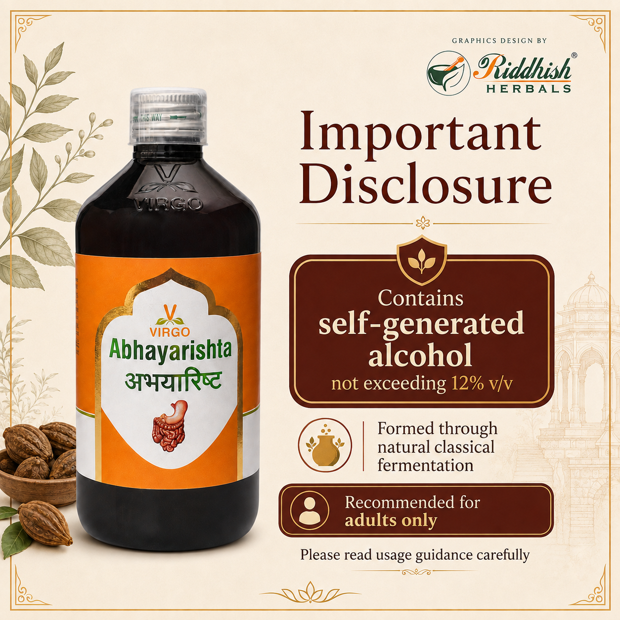 Abhayarishta important disclosure self-generated alcohol not exceeding 12 percent v/v infographic