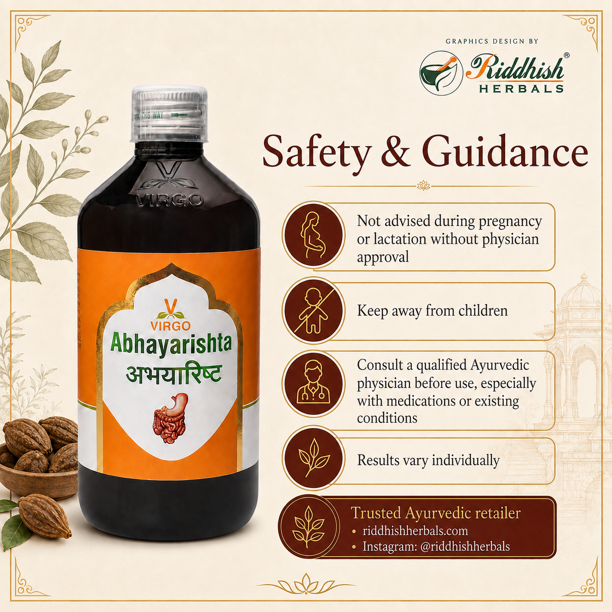 Abhayarishta safety guidance and trusted Ayurvedic retailer infographic by Riddhish Herbals