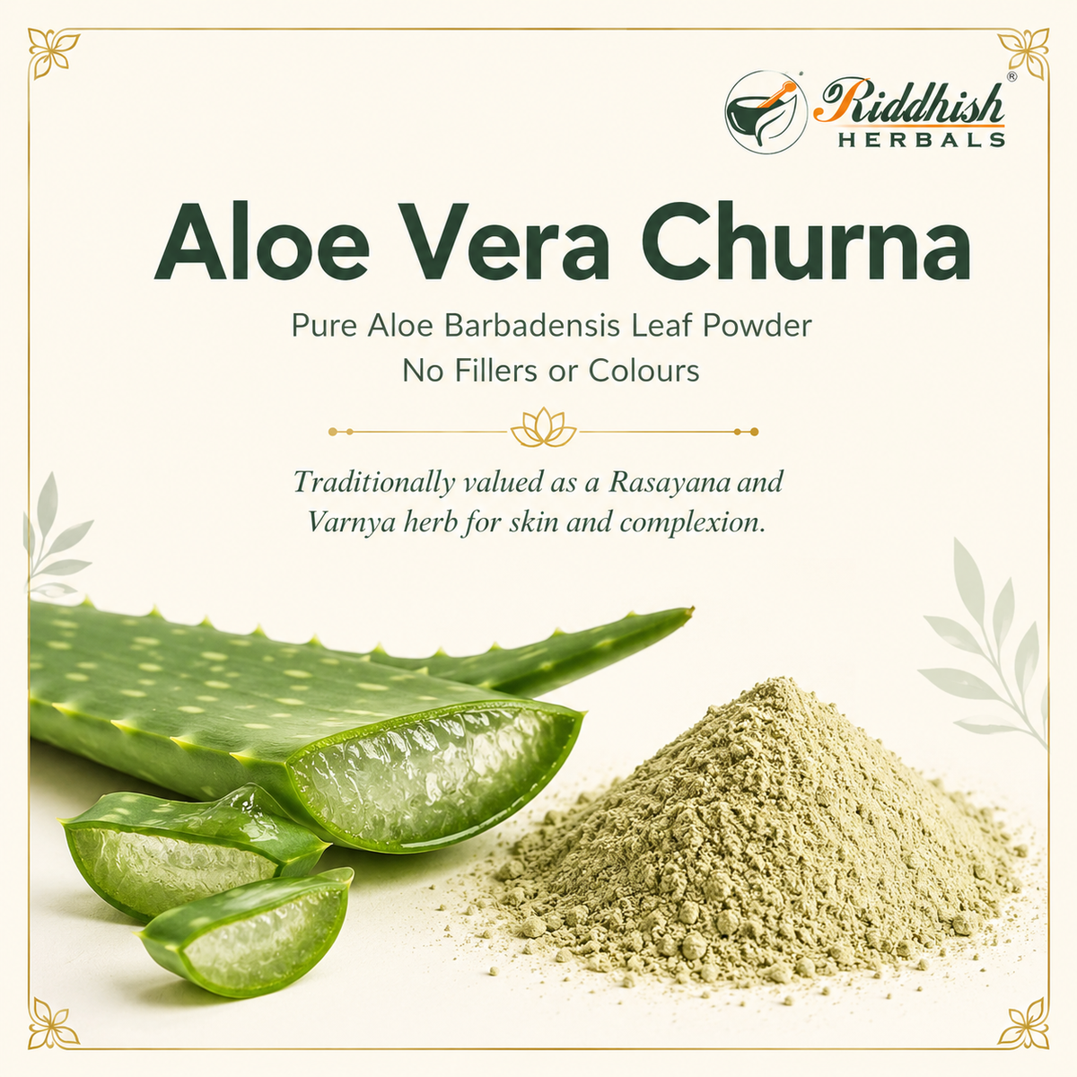 Aloe Vera Churna Riddhish Herbals infographic hero with aloe leaf and powder