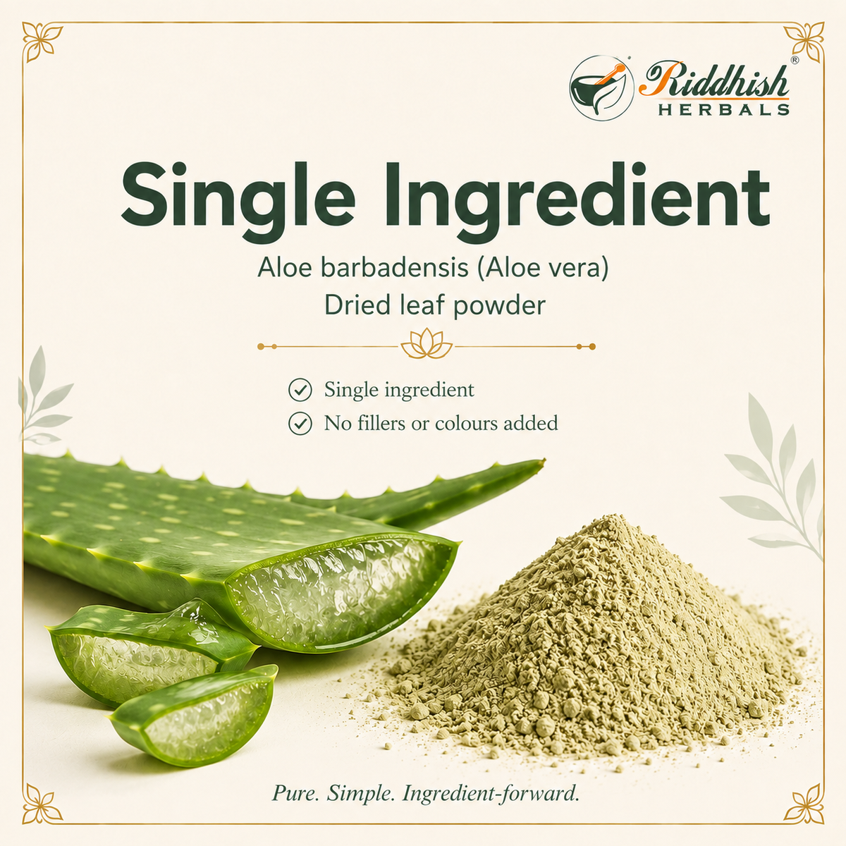 Aloe Vera Churna single ingredient infographic showing Aloe barbadensis dried leaf powder
