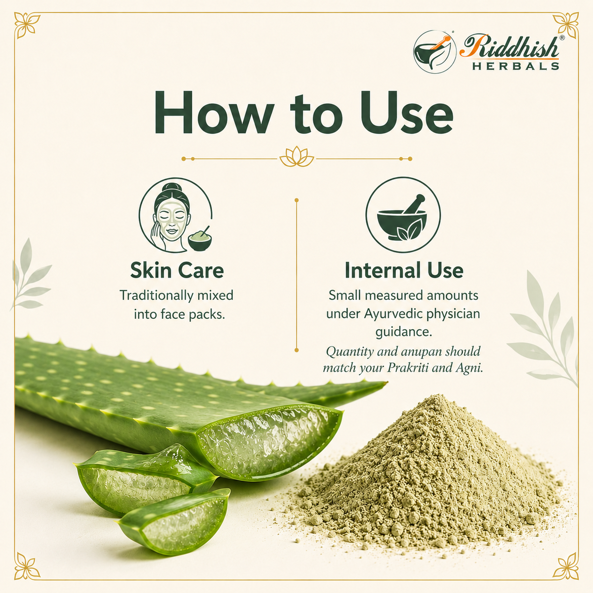 Aloe Vera Churna how to use infographic for skin care and physician guided internal use
