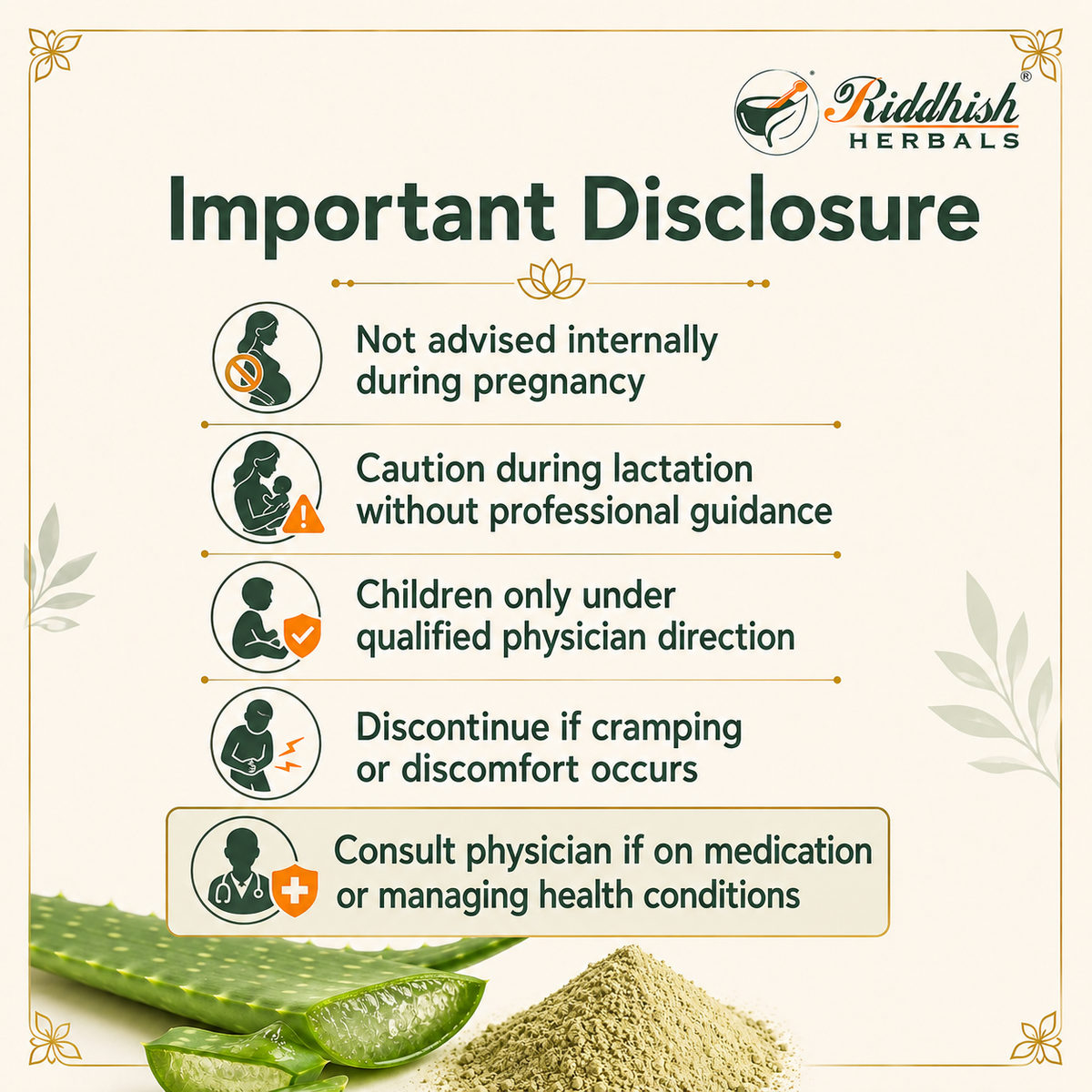 Aloe Vera Churna important disclosure infographic for pregnancy lactation children and health conditions