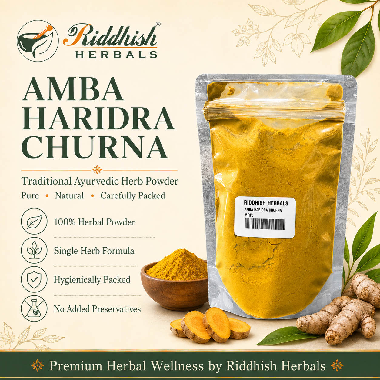 Riddhish Herbals Amba Haridra Churna hero infographic