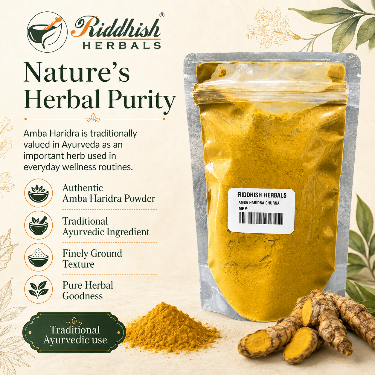 Amba Haridra Churna herbal purity infographic